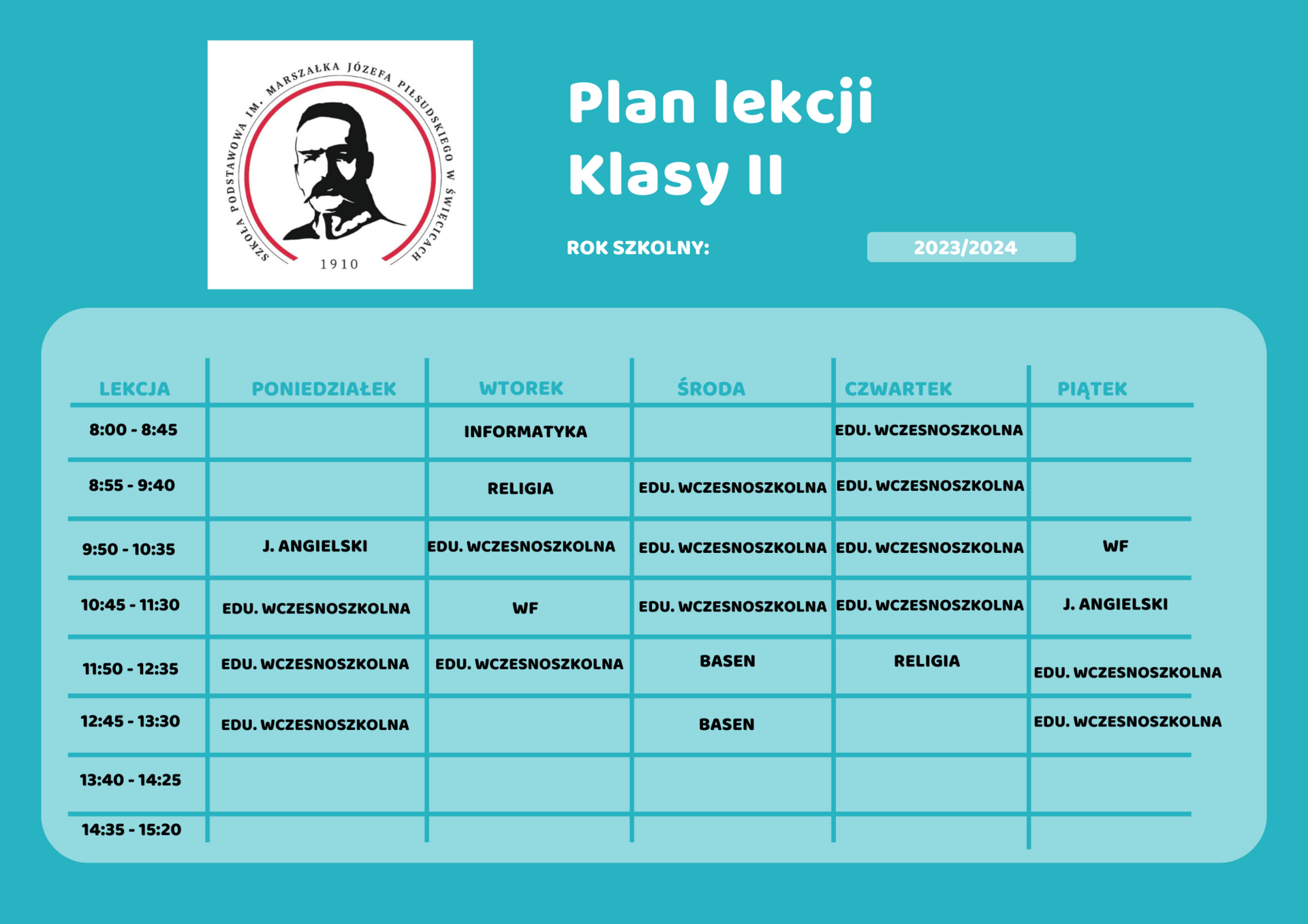 Plan lekcji | Szkoła Podstawowa im. Marszałka Józefa Piłsudskiego w